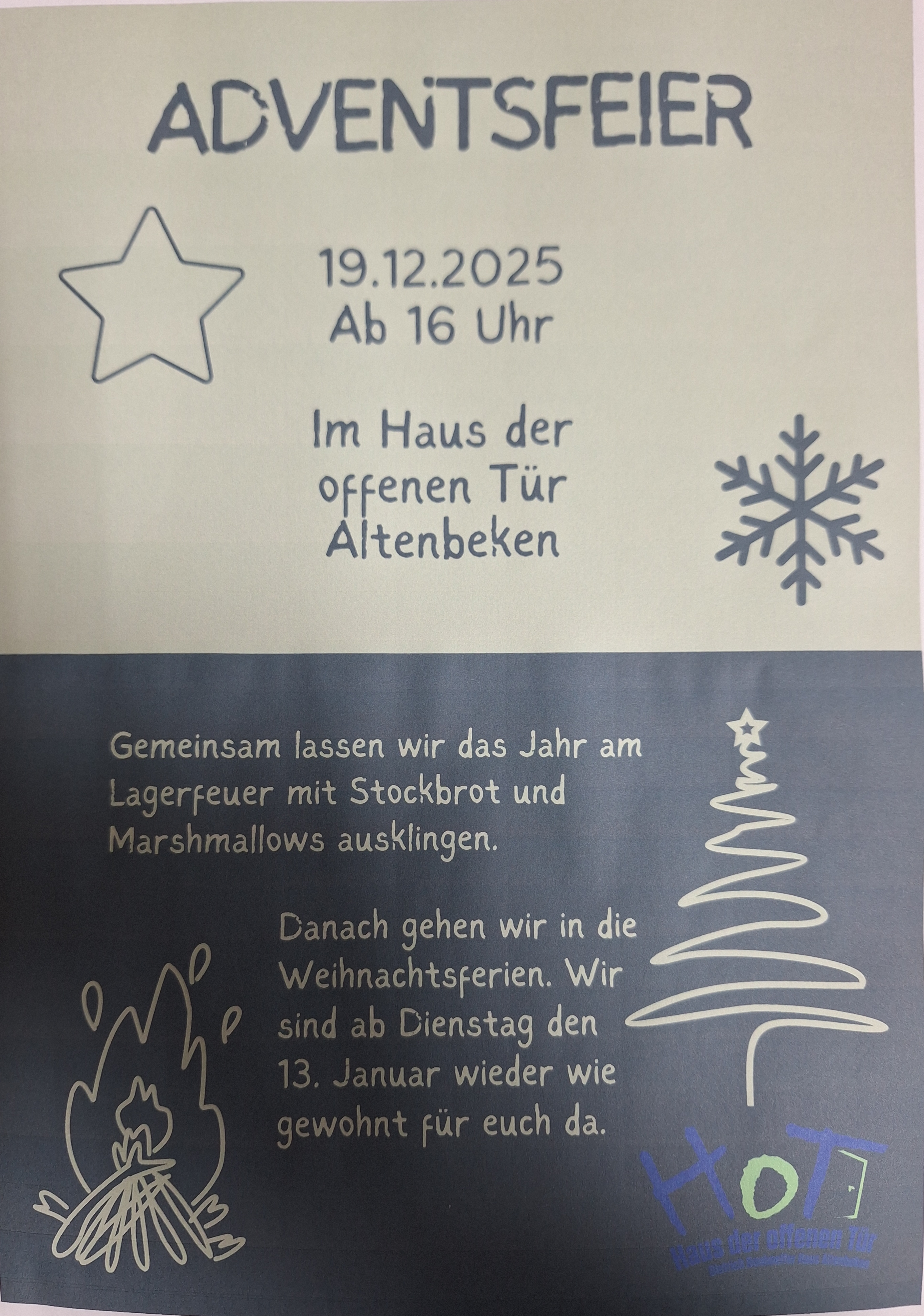 Herzliche Einladung zur Adventsfeier: 19.12. ab 16 Uhr Lagerfeuer mit Stockbrot und Marshmallows 