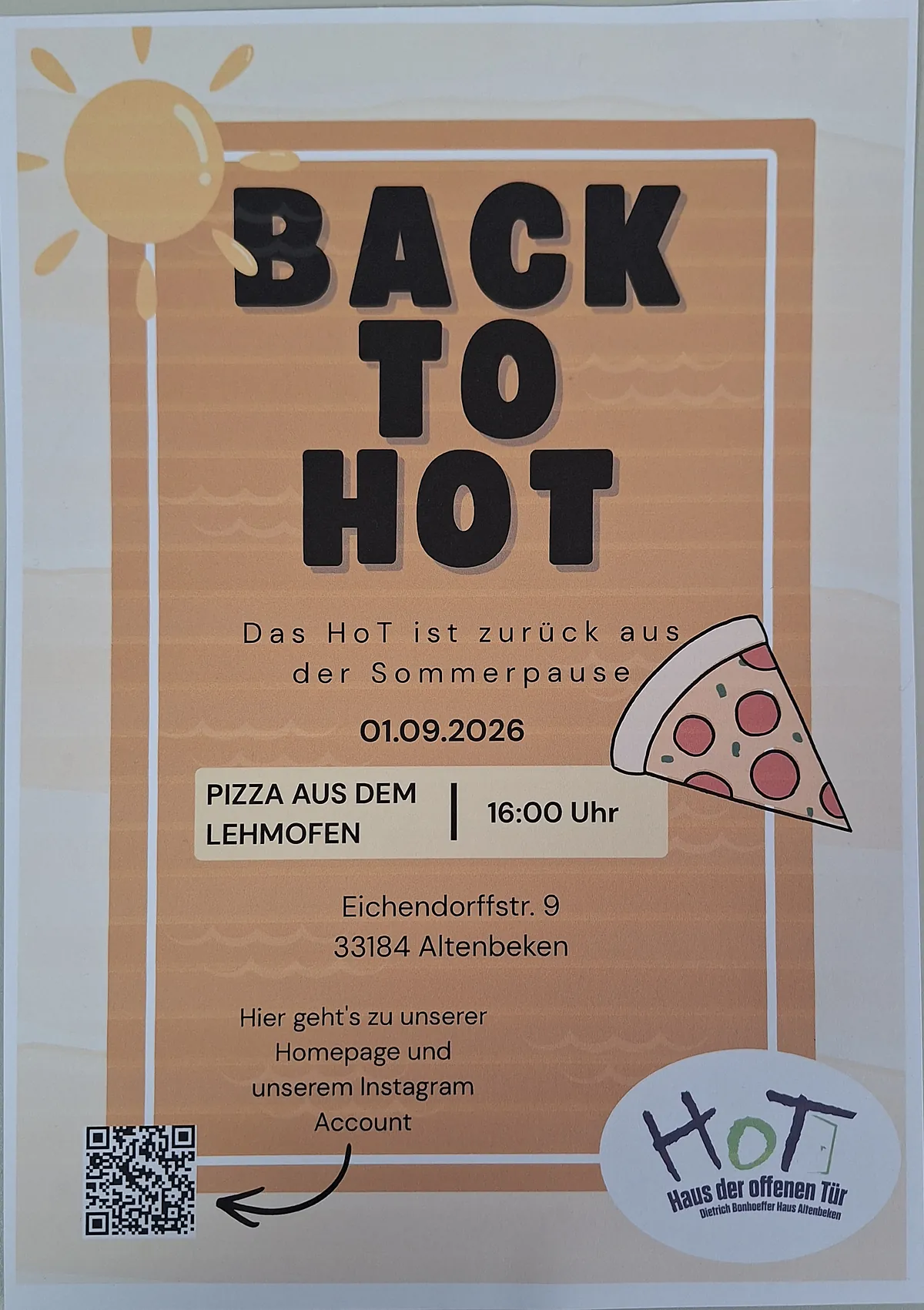 Plakat: Back to HoT - 01.09.2026 ab 16 Uhr Pizza aus dem Lehmofen